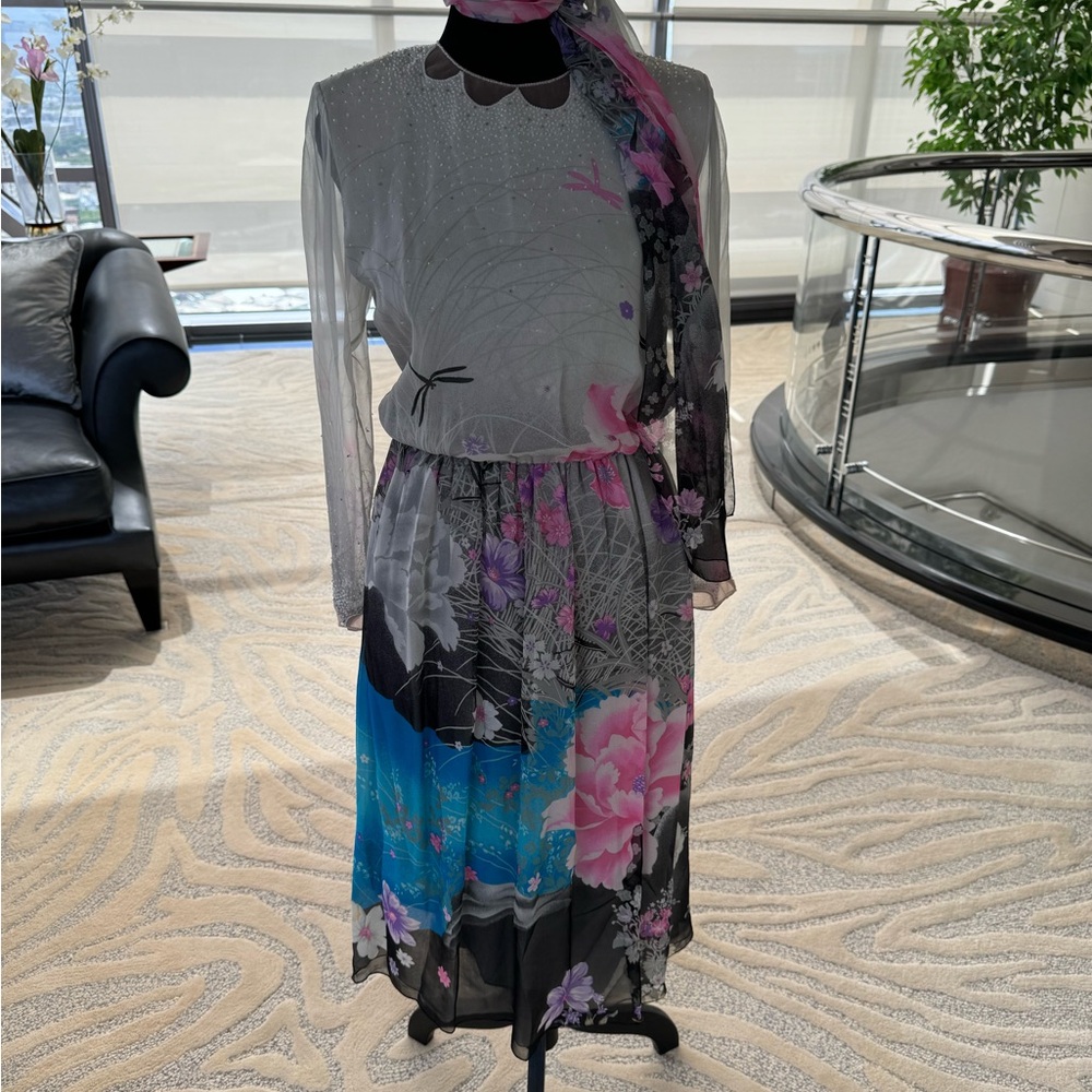 Vintage Hanae Mori Silk long sleeve Hand Beaded Formal Gown